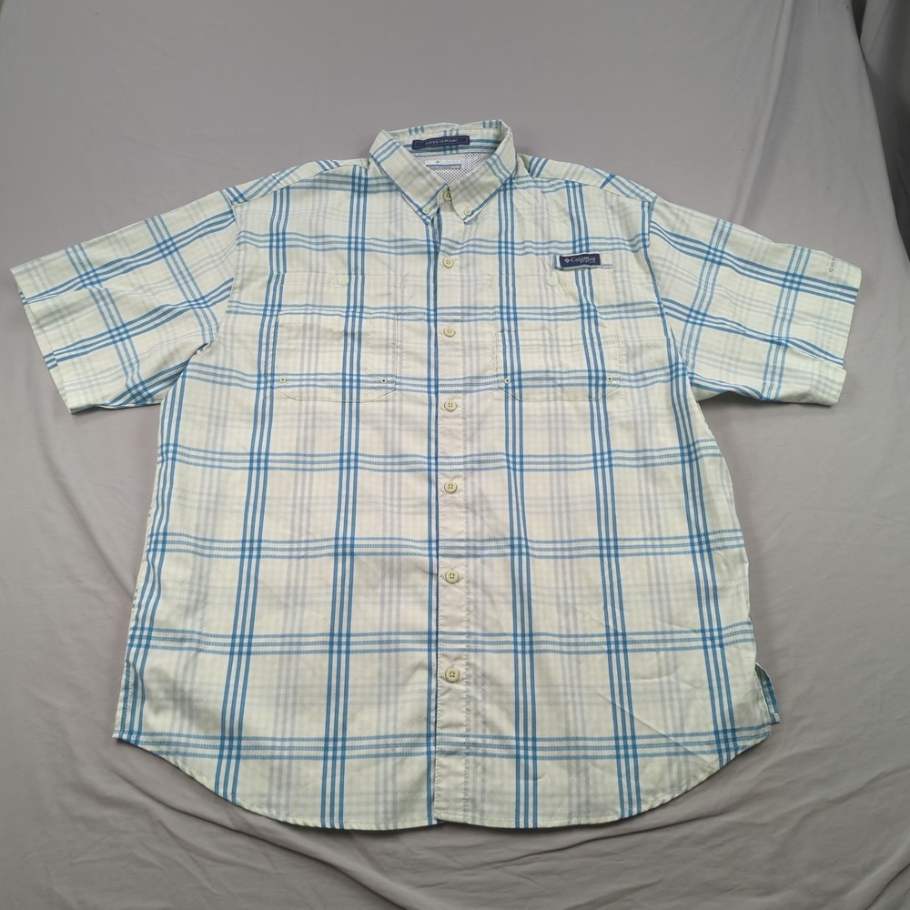 Columbia PFG Shirt Mens Extra Large Blue Windowpane Plaid Super Tamiami Vented